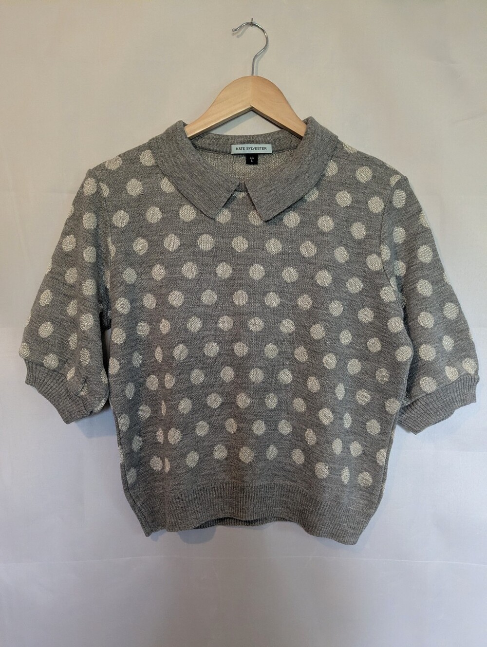 Kate Sylvester Peter Pan Collar Merino Wool Blend Metallic Polka Dot Sweater L